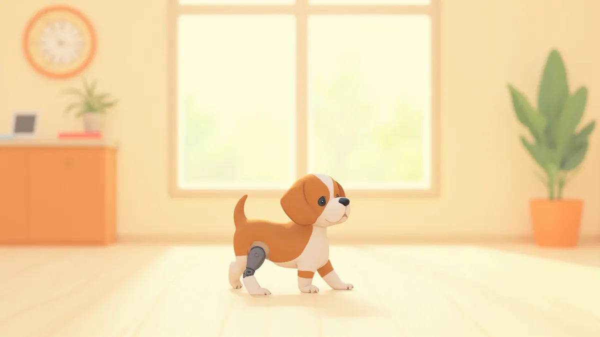 3D 프린팅 의족을 착용하고 병원에서 걸어가는 강아지