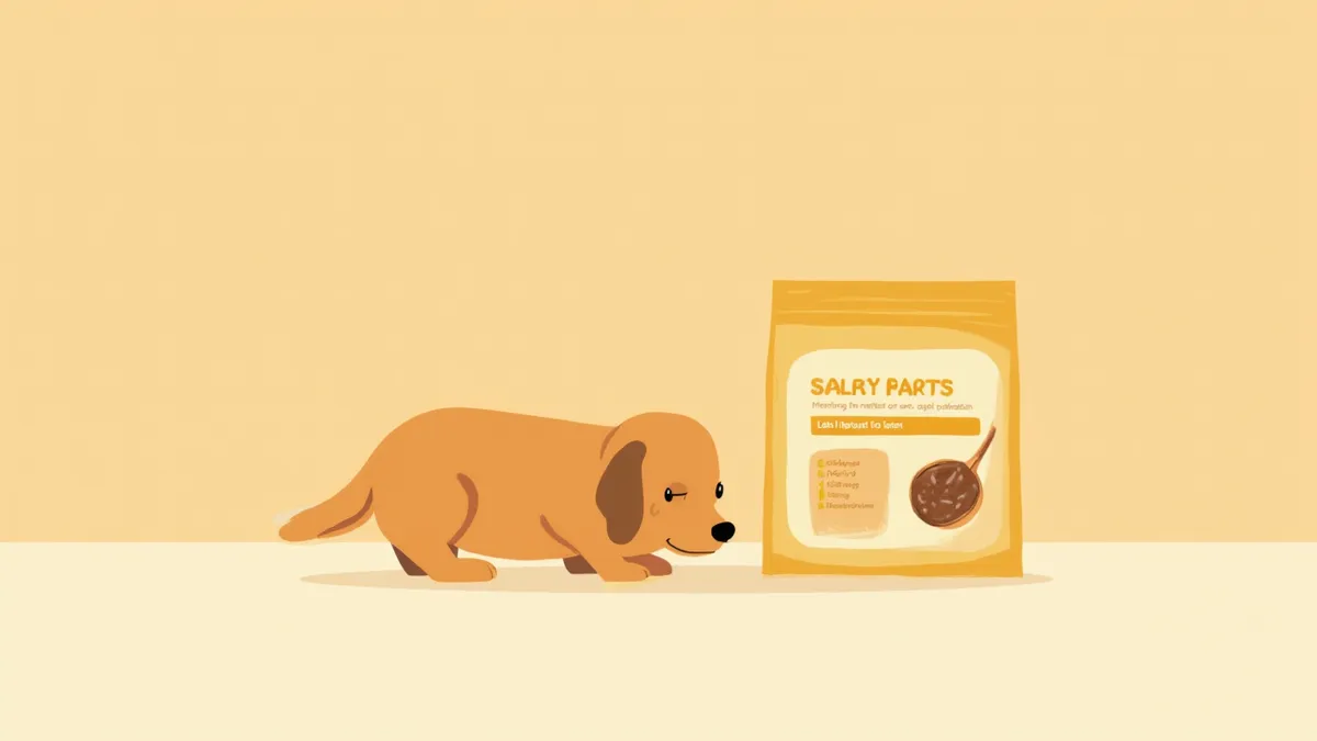 AAFCO 영양 충족 표시가 있는 사료 봉투와 강아지