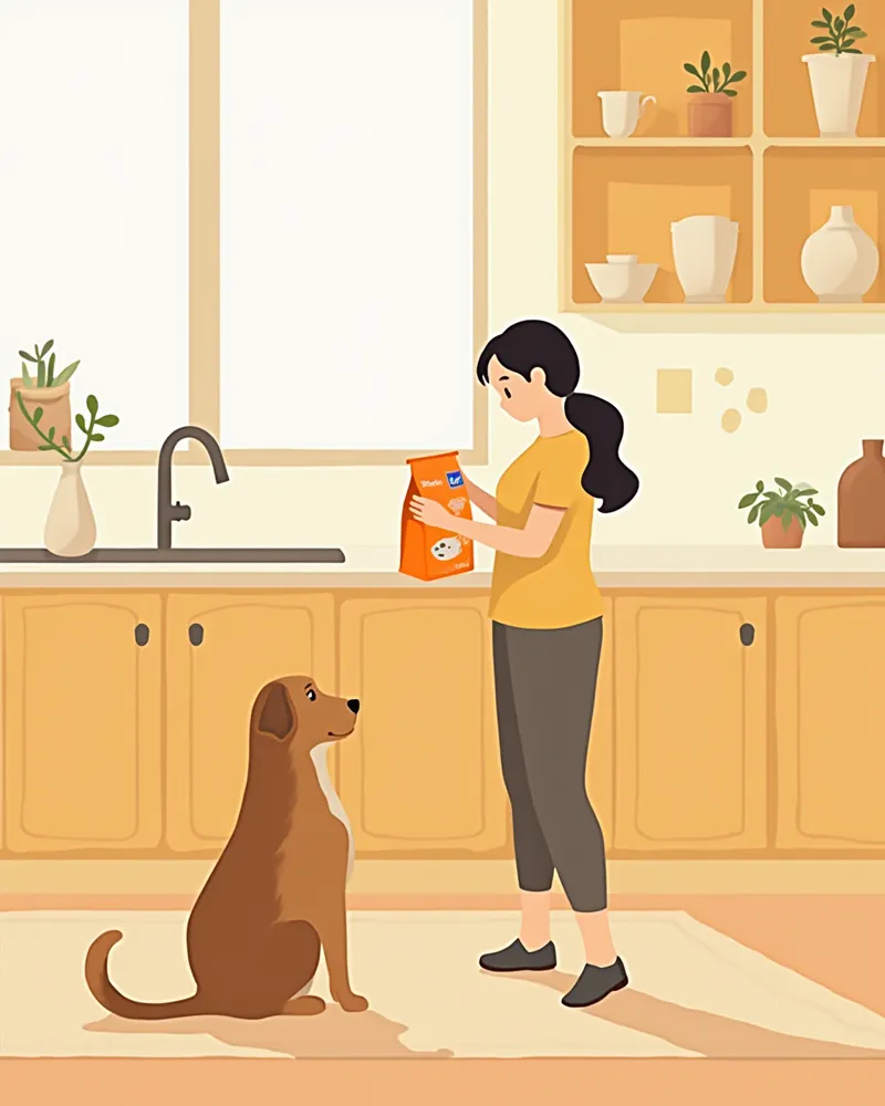 사료 라벨을 꼼꼼히 읽는 보호자와 기다리는 반려동물