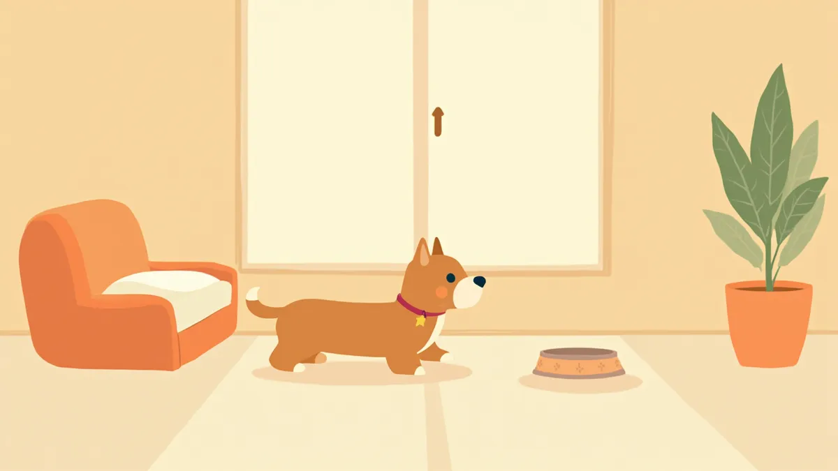 조용한 거실 한쪽에 마련된 안전한 공간으로 천천히 다가가는 파양견