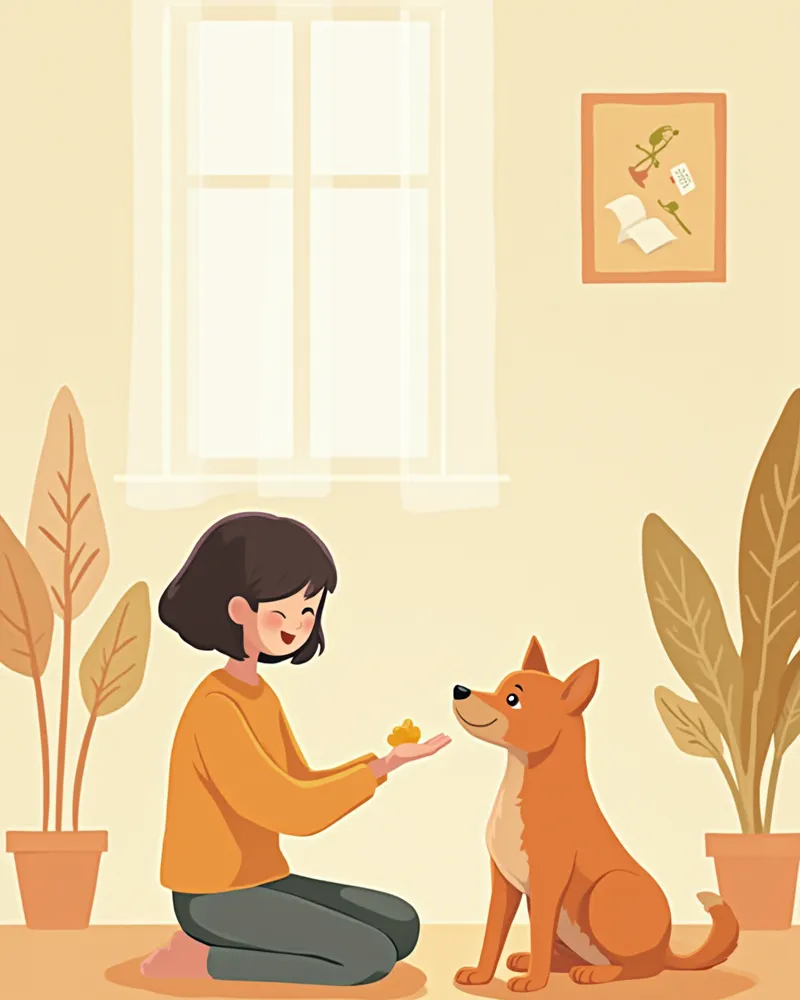 바닥에 앉아 손바닥 위의 간식을 조심스럽게 건네며 파양견과 신뢰를 쌓는 보호자