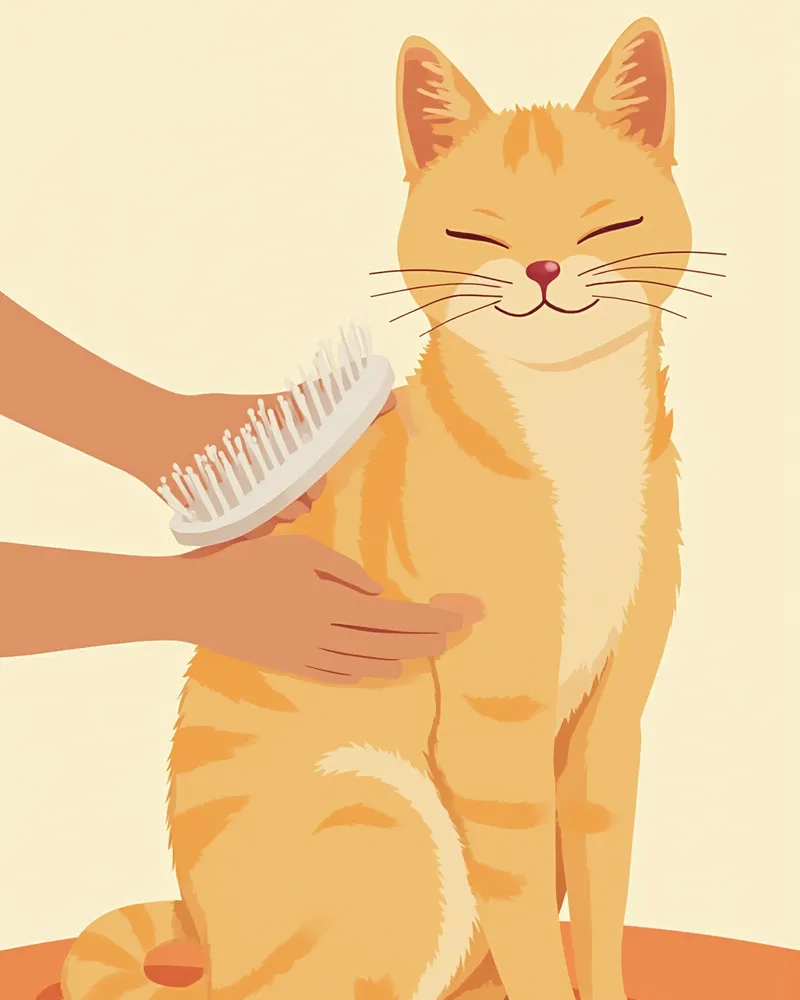 아비시니안 고양이가 러버 그루밍 글러브로 부드럽게 빗질 받는 클로즈업 장면