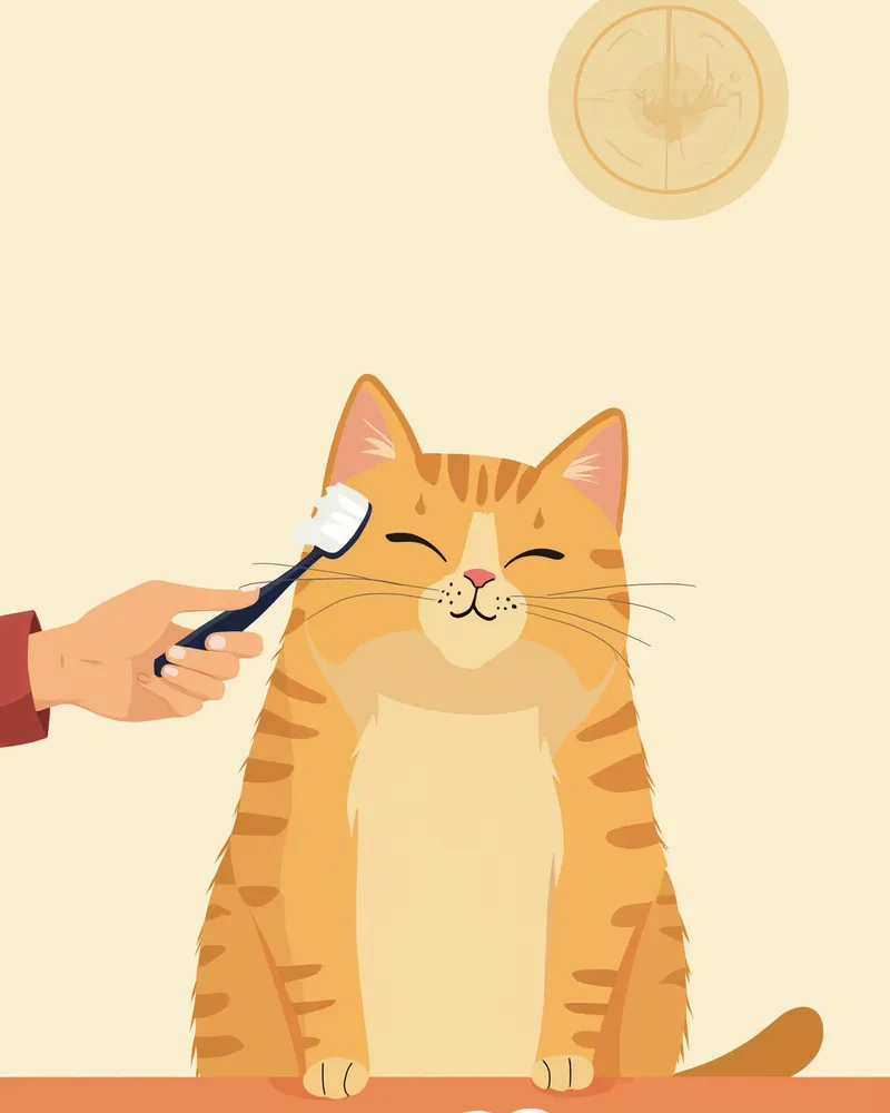 아비시니안 고양이가 보호자에게 귀와 치아 케어를 받는 평온한 장면