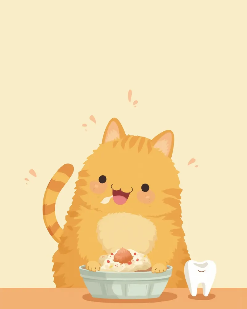 사료를 먹고 있는 아비시니안 고양이와 치아 건강 아이콘