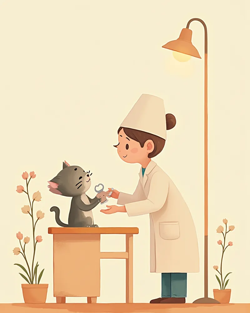 수의사가 노령 고양이의 신장 상태를 진찰하는 장면