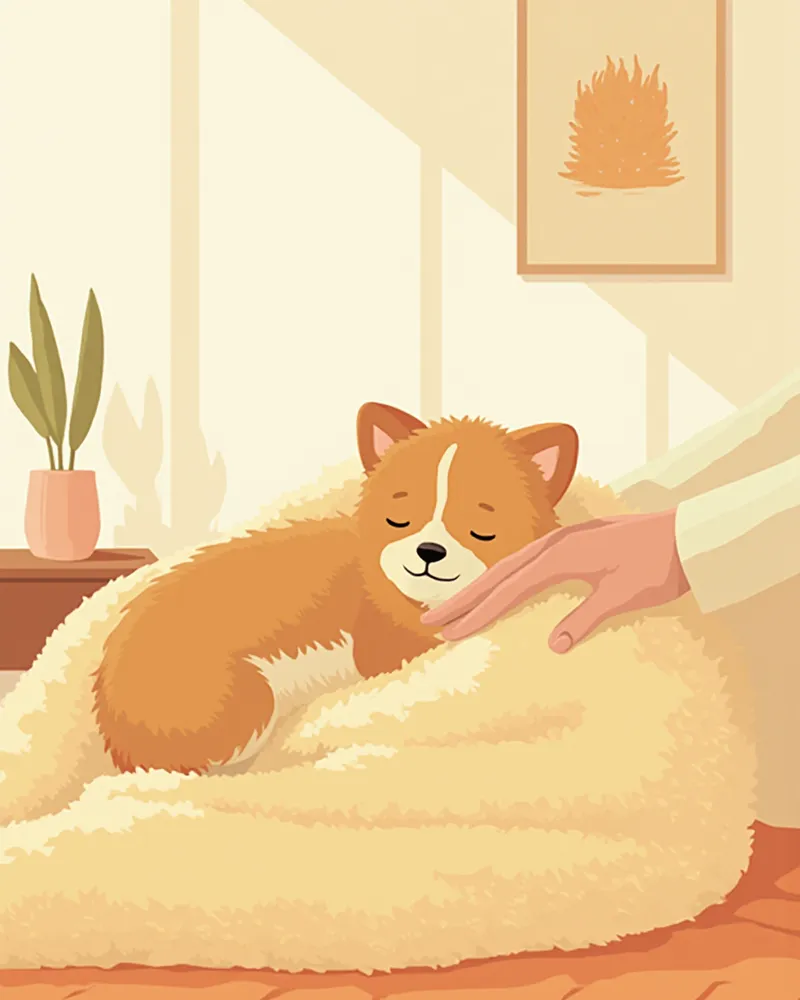 진정제 회복 중인 반려동물을 따뜻한 담요로 감싸 보호하는 모습