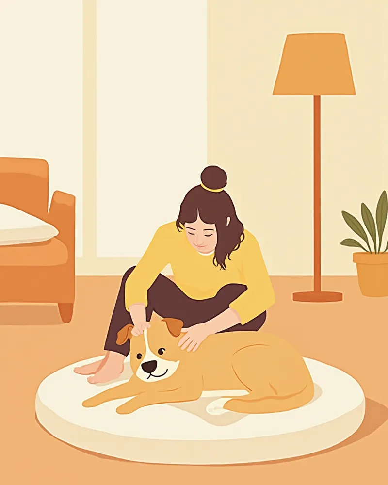 보호자가 진정제 복용 후 강아지를 안전하게 돌보는 모습