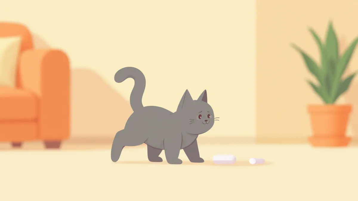 바닥에 떨어진 흰색 알약을 바라보는 고양이