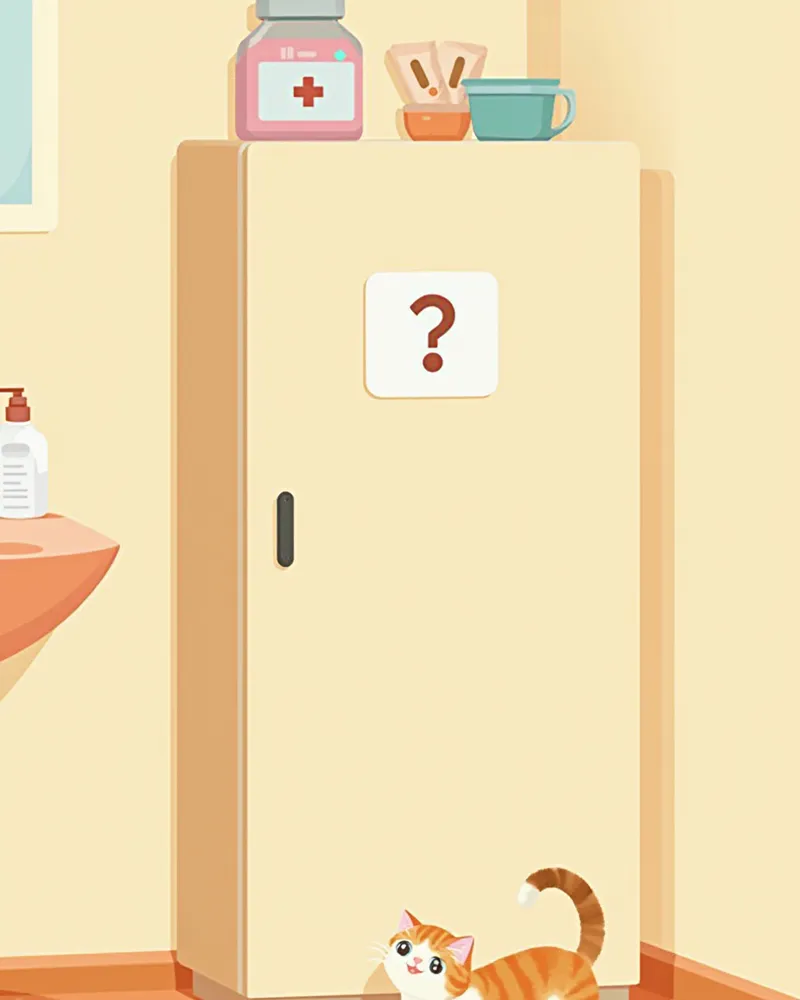 잠긴 약장 아래에서 올려다보는 호기심 많은 고양이