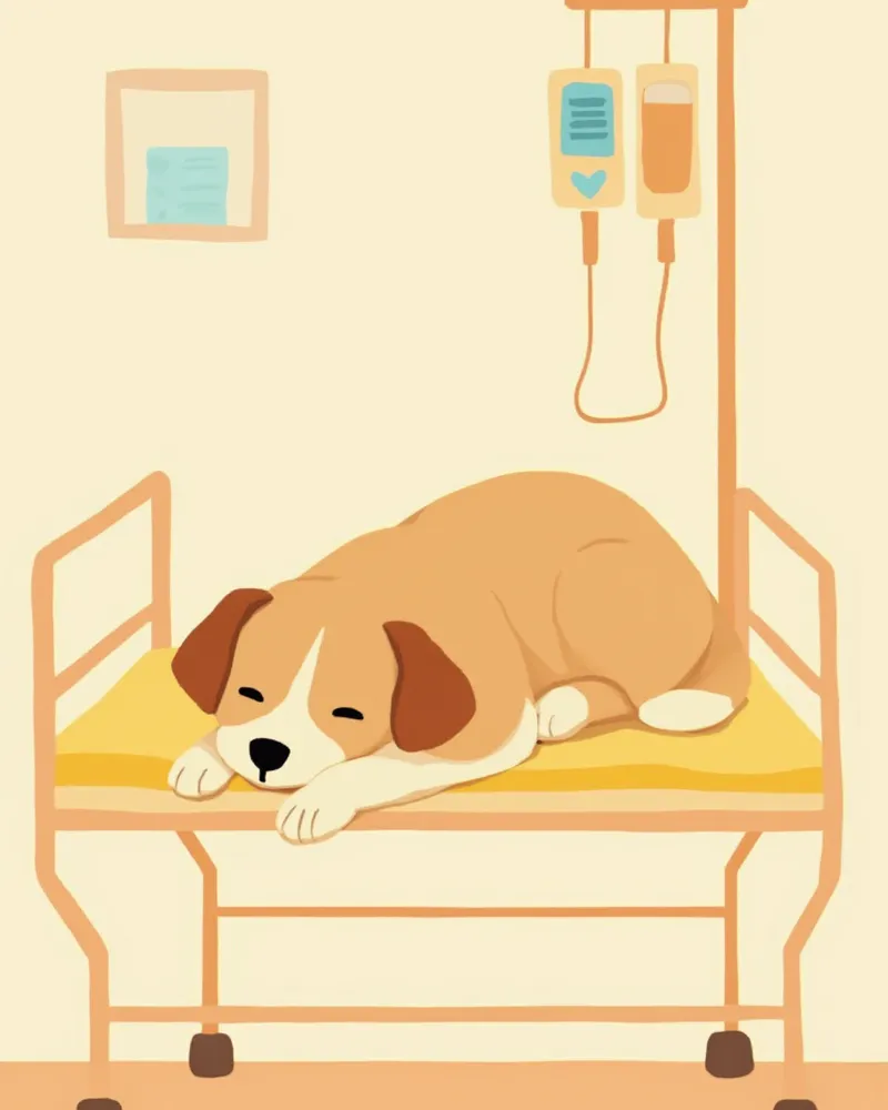 입원 중 정맥 수액을 맞는 강아지