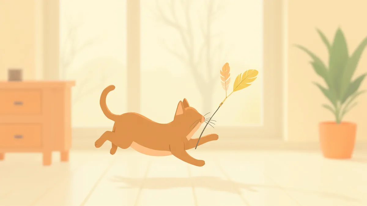 9개월 된 청소년기 태비 고양이가 깃털 장난감을 잡으려 점프하는 모습