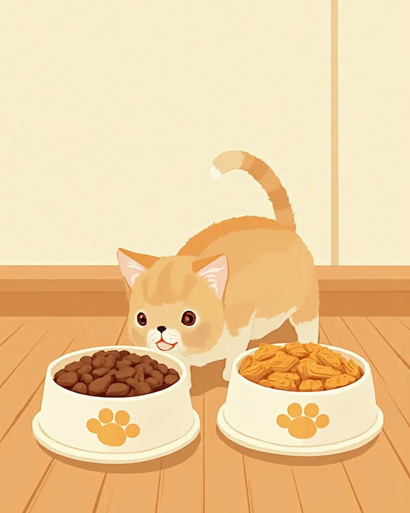 키튼 사료와 성묘 사료 두 그릇 앞에서 냄새를 맡는 청소년기 고양이