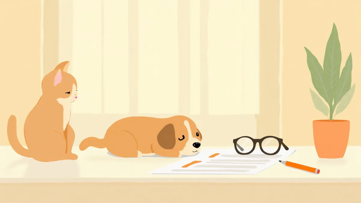 입양 계약서와 강아지, 고양이가 함께 있는 모습