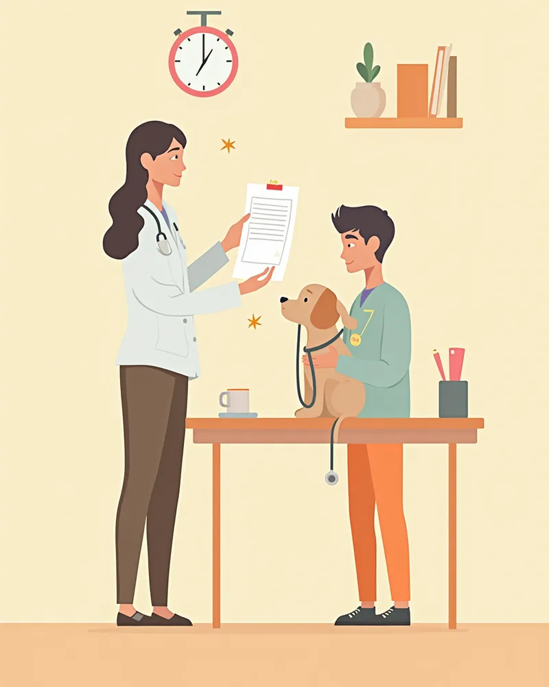 수의사가 강아지를 진료하는 모습과 계약서