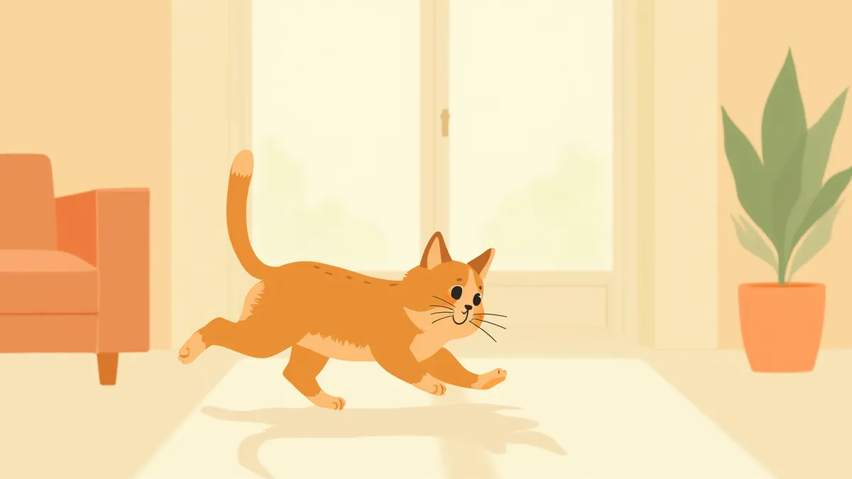 밝은 거실에서 활발하게 놀고 있는 2세 성묘 고양이