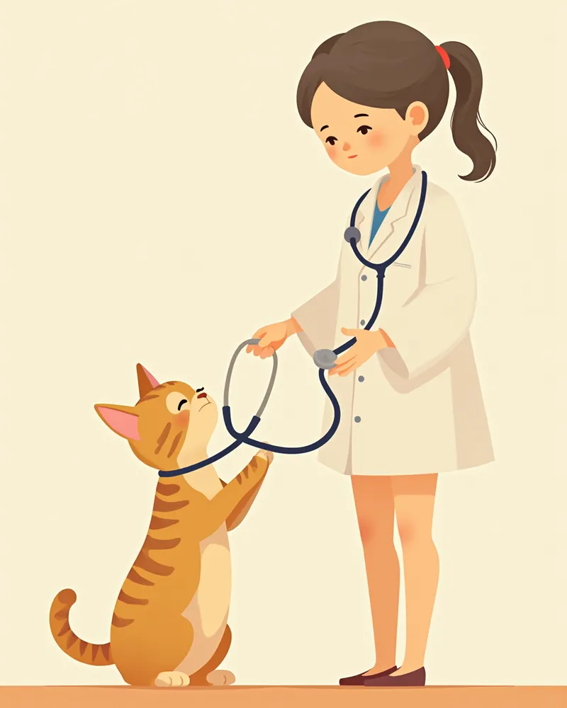 동물병원에서 청진 중인 수의사와 성묘 고양이