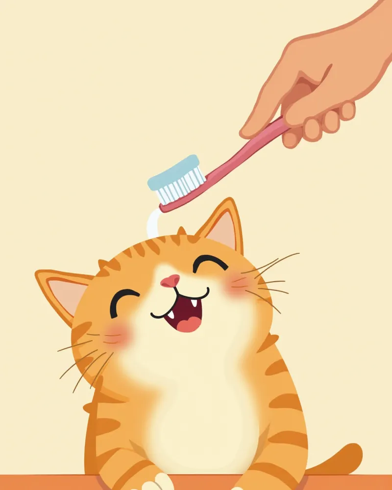 보호자가 성묘 고양이의 치아를 부드럽게 닦아주는 모습