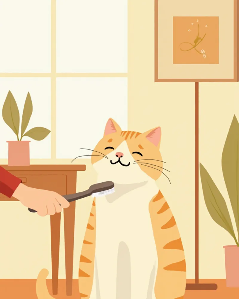 보호자가 성묘를 부드럽게 빗질해 주는 모습