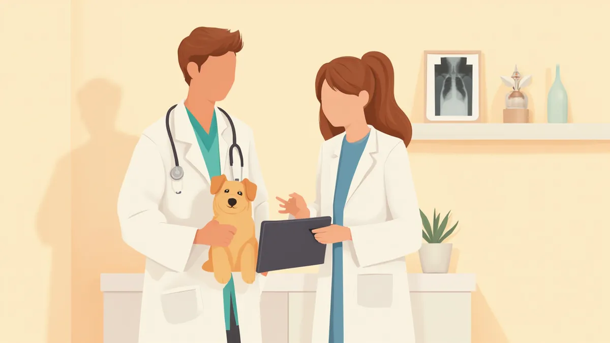 수의사와 보호자가 강아지 엑스레이 AI 분석 화면을 함께 확인하는 모습