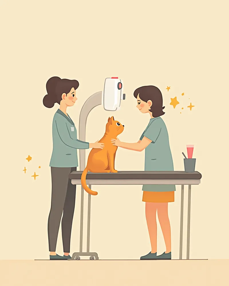 보호자가 검사대 위에서 고양이를 안정시키는 동안 수의사가 영상 검사를 준비하는 모습