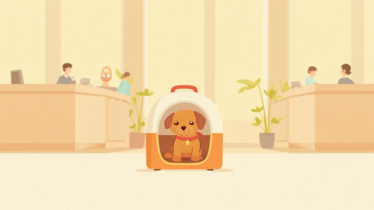 공항 체크인 카운터 앞 이동장 안에 앉아 있는 강아지