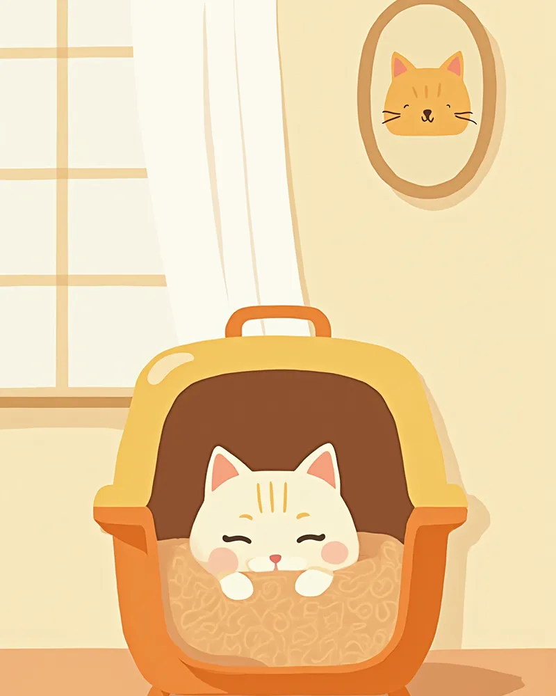 담요와 장난감이 놓인 이동장 안에서 편안히 쉬는 고양이