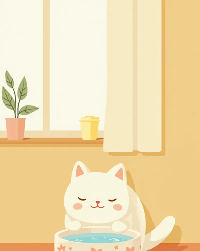 햇살이 비치는 창가에서 물을 마시는 고양이