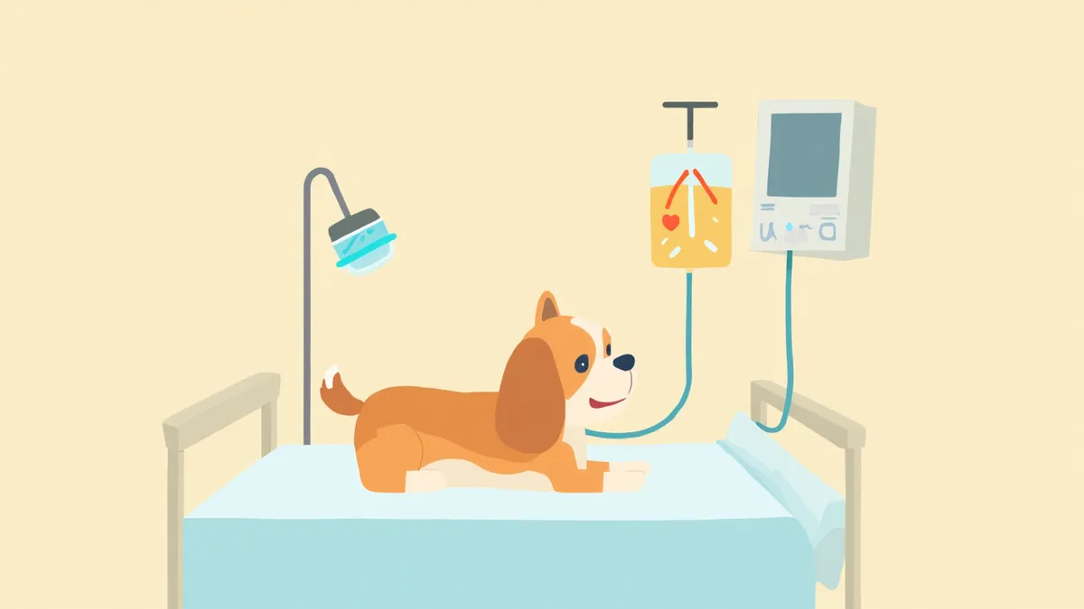 중환자실에서 수액을 맞고 있는 강아지