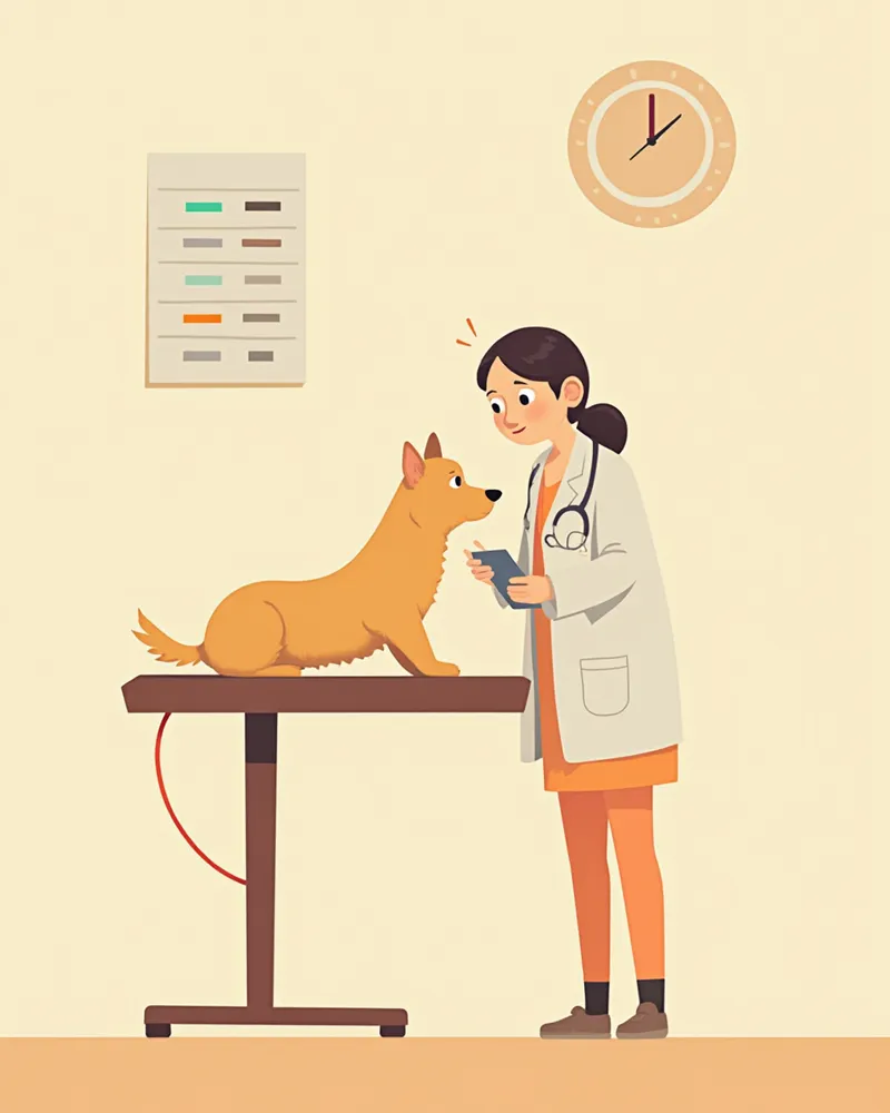 혈액 검사 결과를 보는 수의사와 강아지