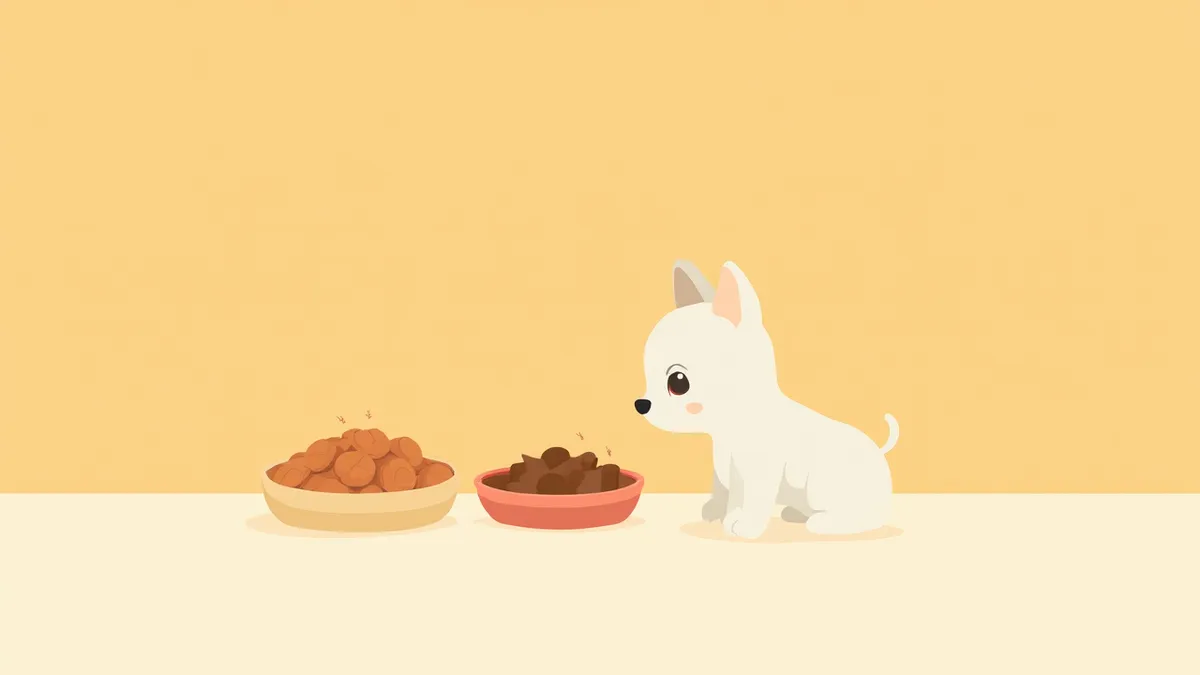 알레르겐 회피 사료와 일반 사료 앞의 강아지