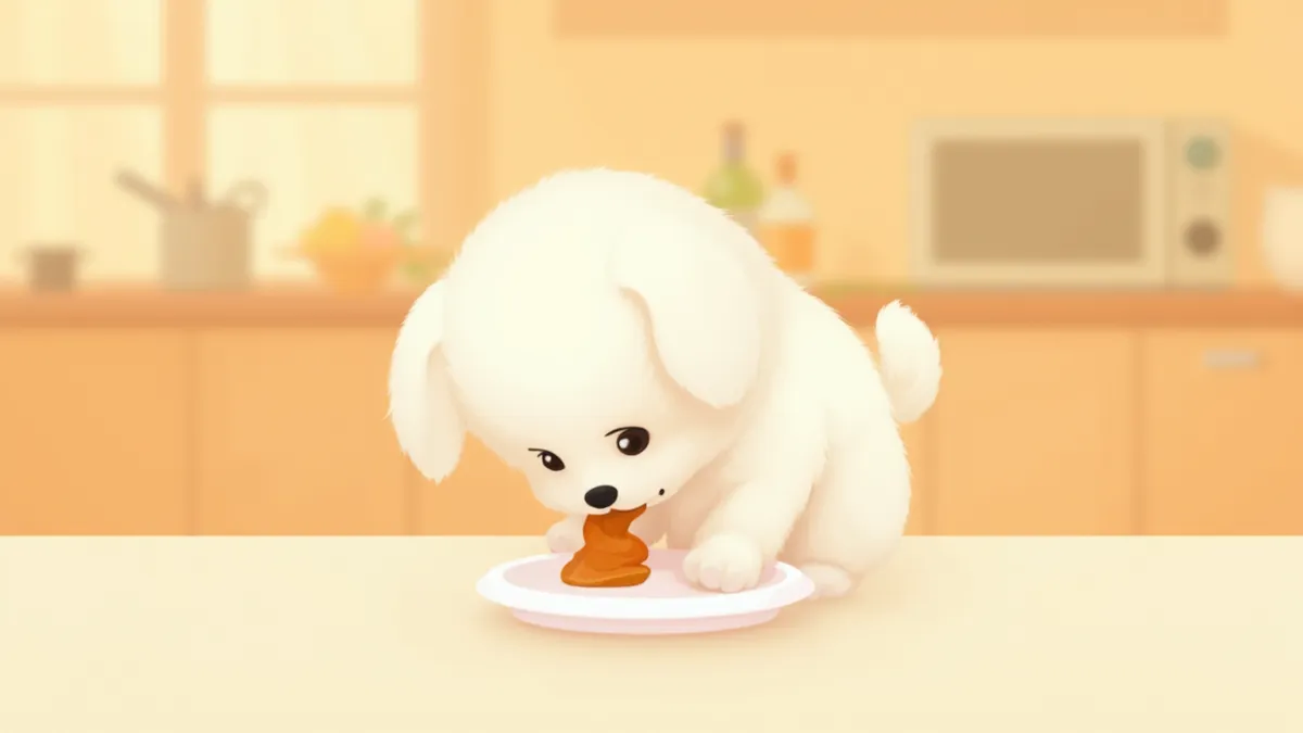 오리 간식 한 조각 냄새를 맡고 있는 말티즈 강아지