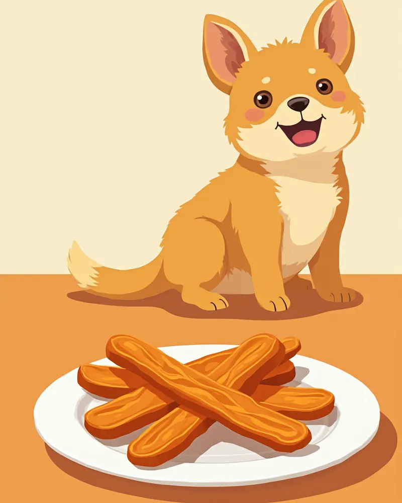 흰 접시에 가지런히 놓인 캥거루 저키와 뒤에 흐릿하게 보이는 강아지