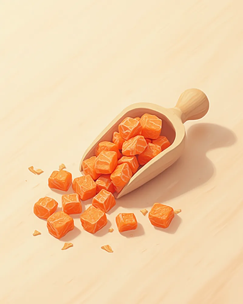 대리석 위 나무 스쿱에 담긴 동결건조 연어 큐브