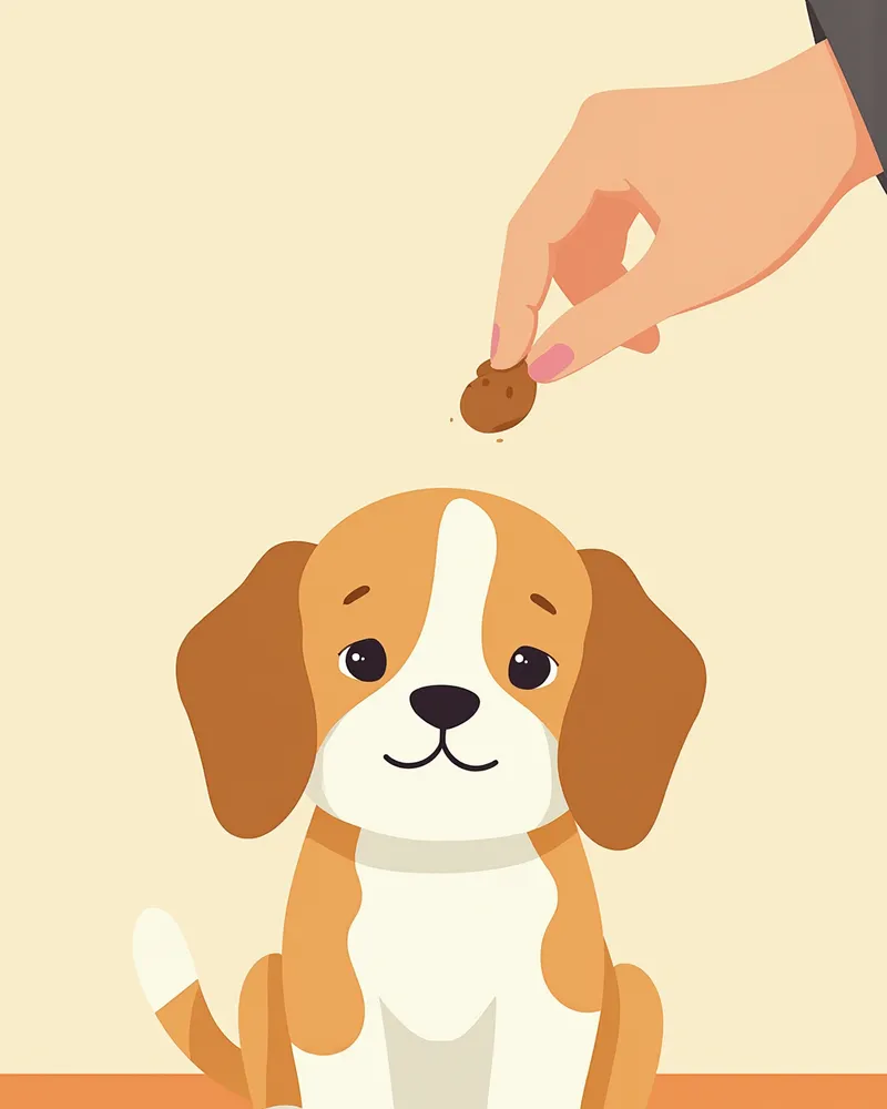 동물병원에서 비글에게 간식 한 조각을 건네는 수의사의 손