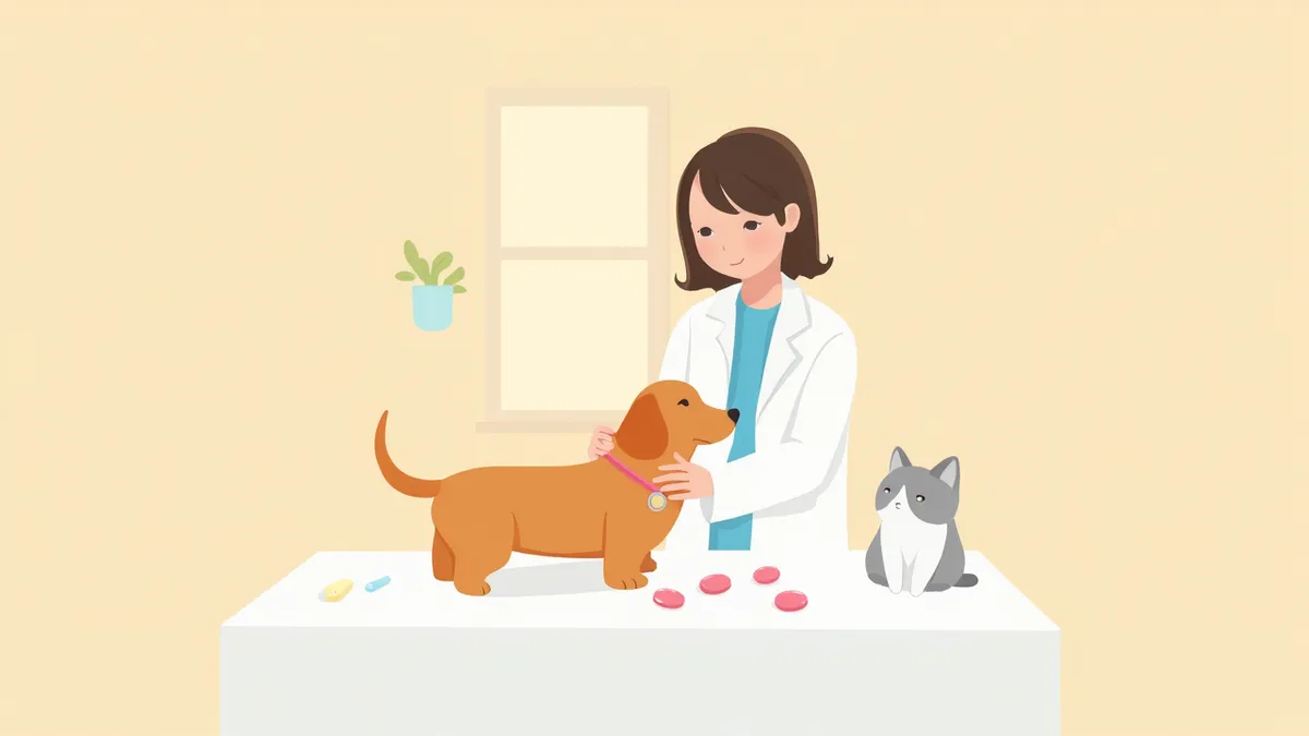 수의사가 강아지를 진료하며 아목시실린을 처방하는 장면