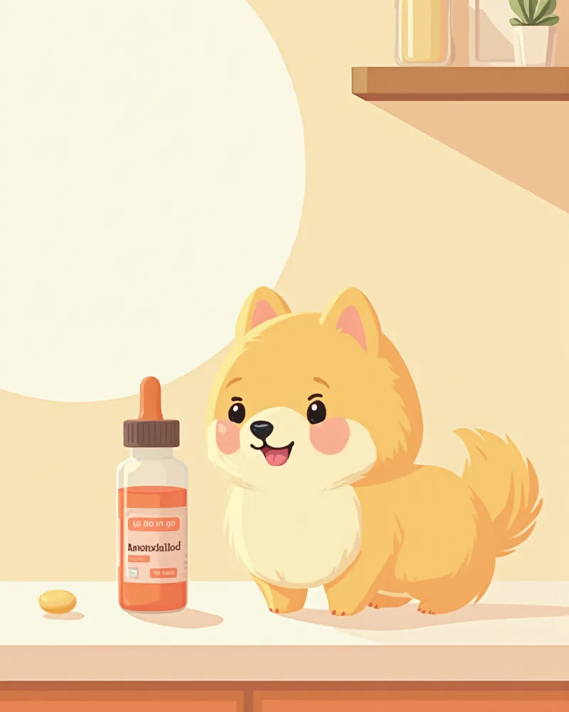 아목시실린 시럽과 투약 주사기, 강아지가 기다리는 모습