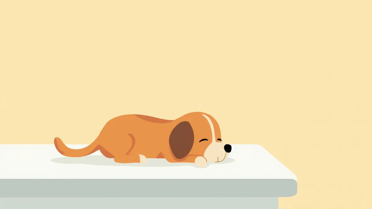 진료대 위에 편안히 누워 있는 강아지