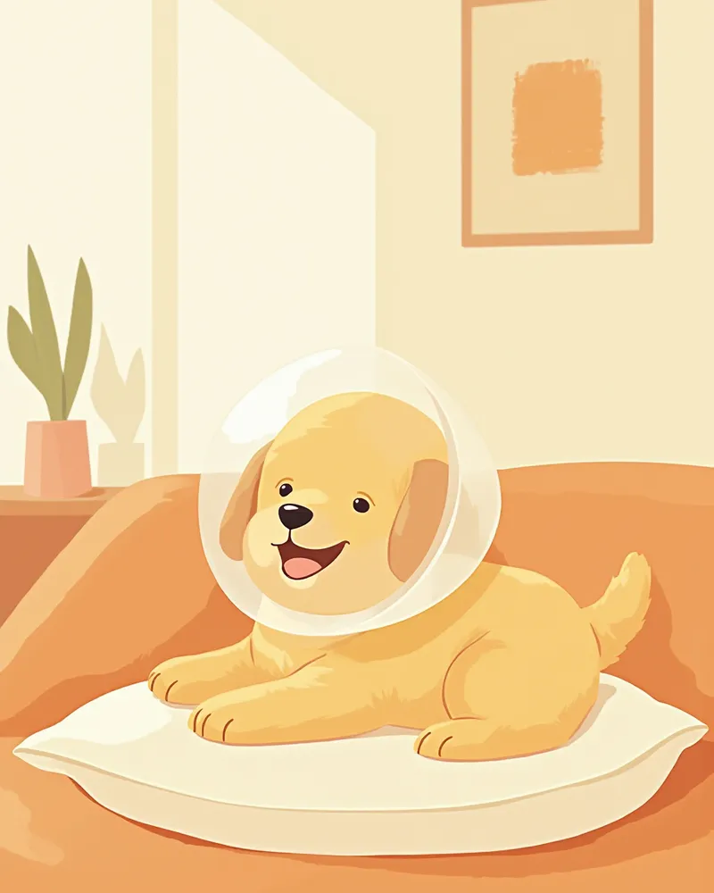 넥카라를 착용하고 집에서 쉬는 강아지