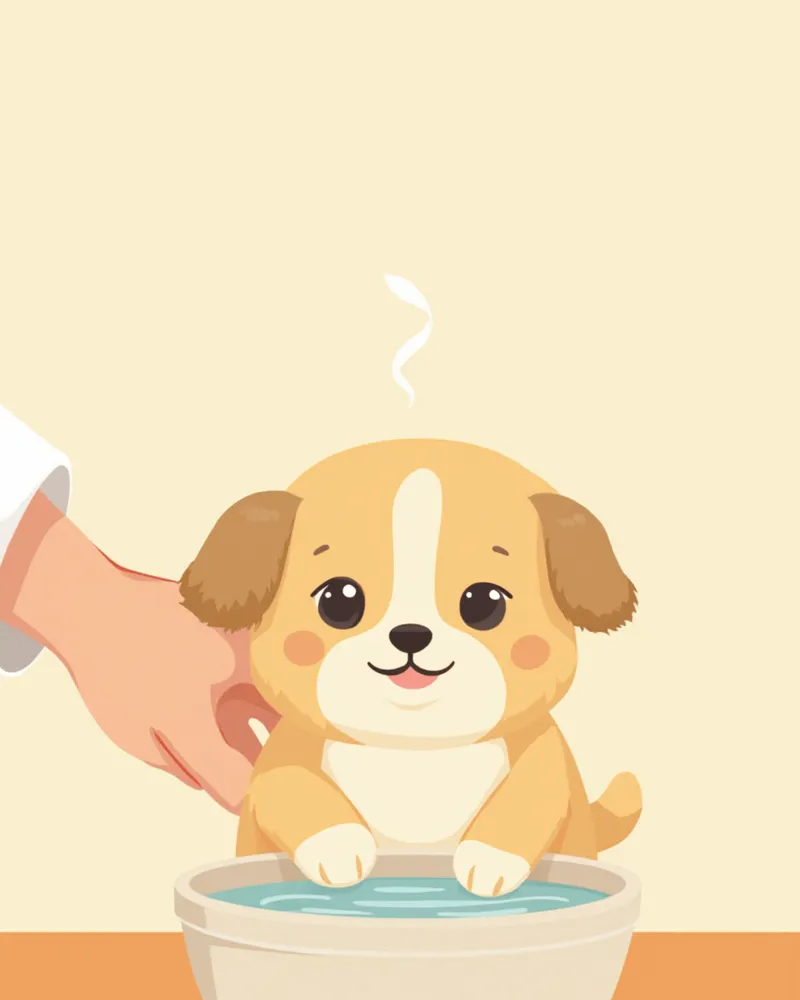 낮은 그릇에 담긴 소량의 물을 보호자가 조심스럽게 주고 있는 강아지