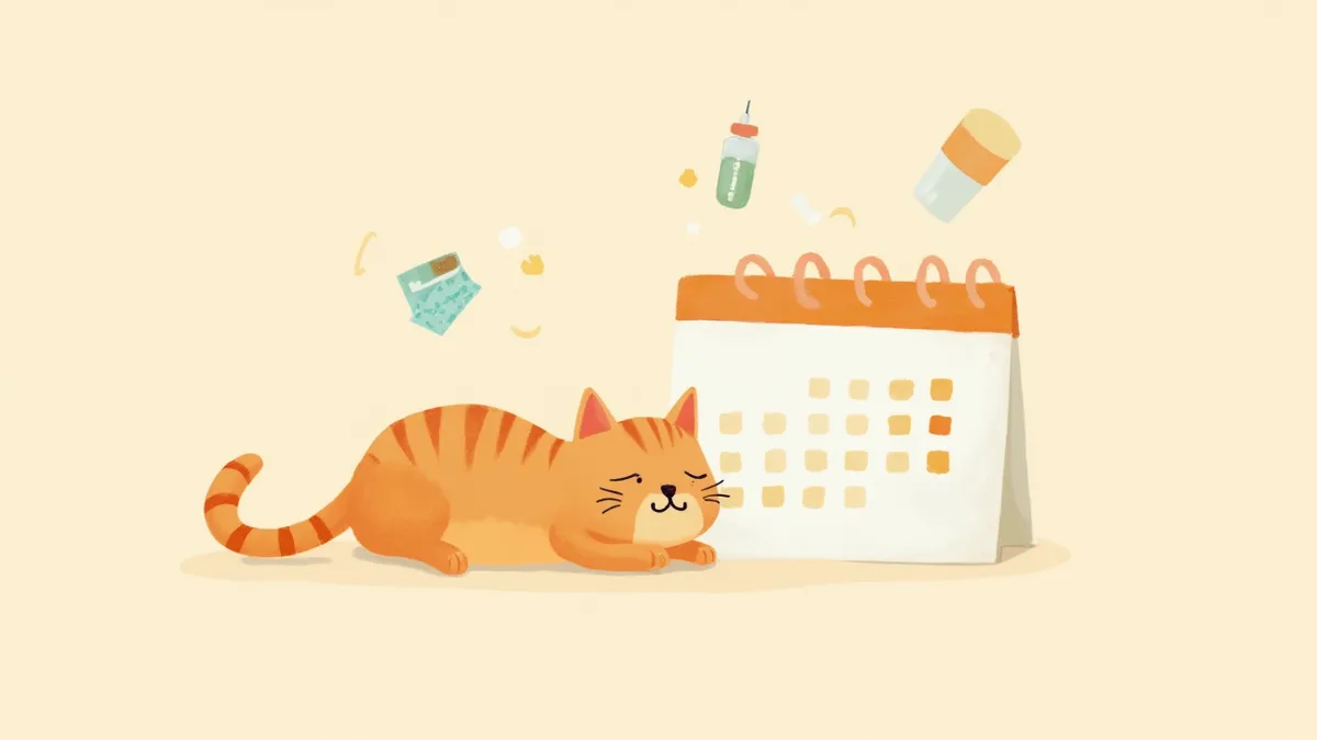 연간 케어 항목이 그려진 달력 옆의 고양이