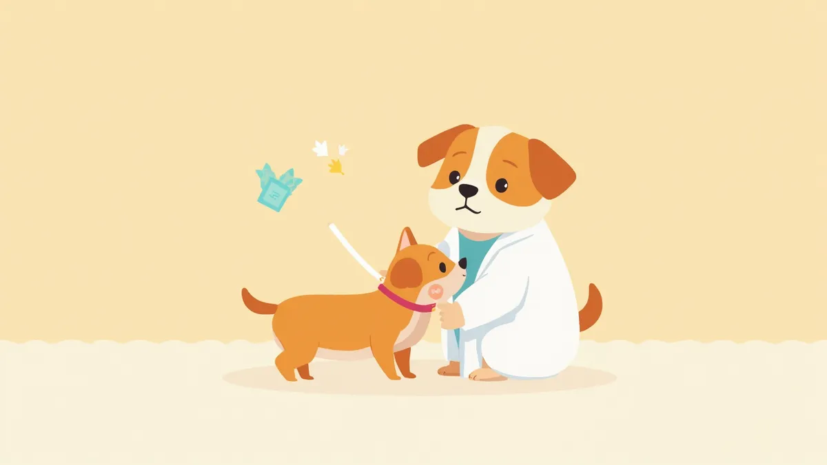 얼굴이 부은 강아지를 살피는 수의사