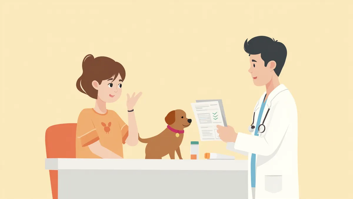동물병원에서 수의사와 상담 중인 보호자와 반려견