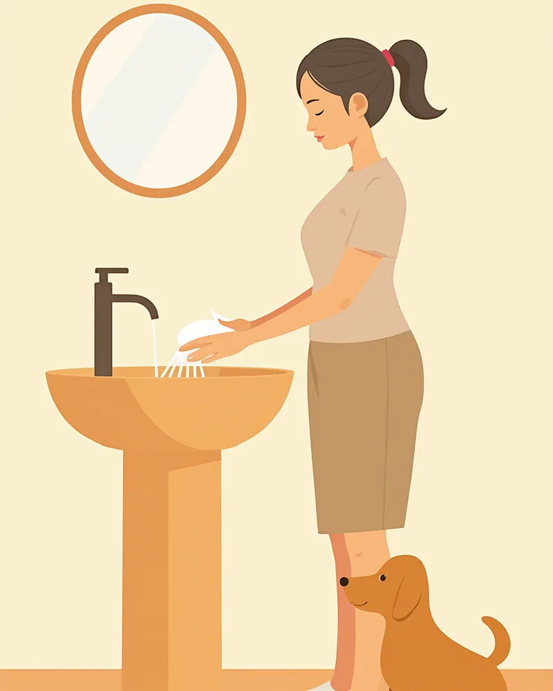 반려견 옆에서 손을 깨끗이 씻고 있는 보호자
