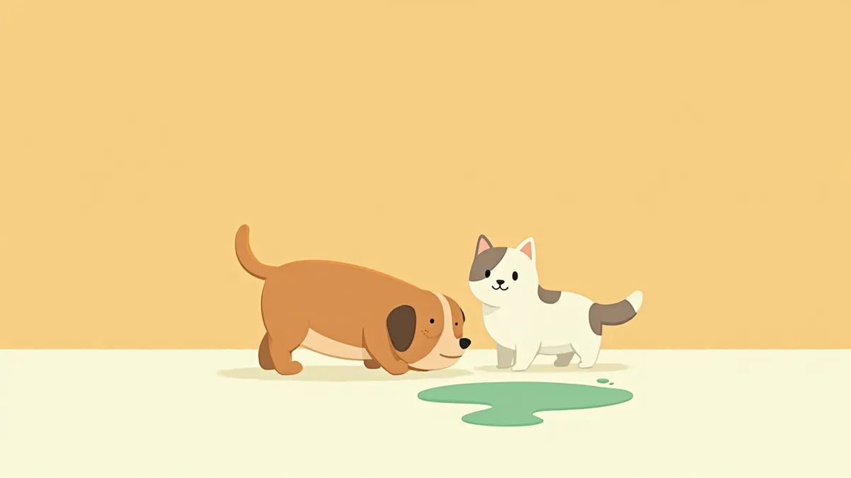 차고 바닥에 흘린 초록색 부동액에 다가가는 강아지와 고양이