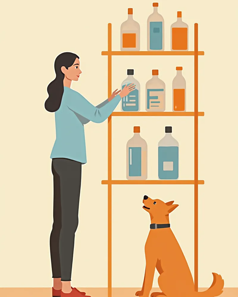 높은 선반에 부동액을 안전하게 보관하는 보호자와 아래에서 올려다보는 강아지