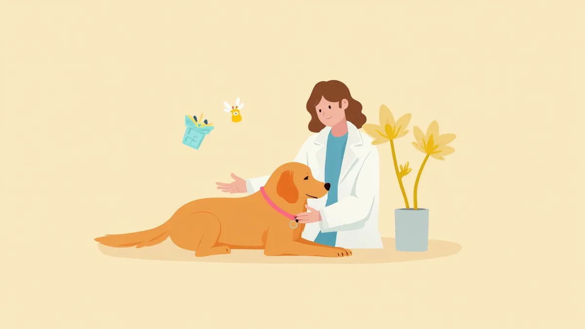 수의사가 골든리트리버를 진료하며 약 설명을 하고 있는 동물병원 모습