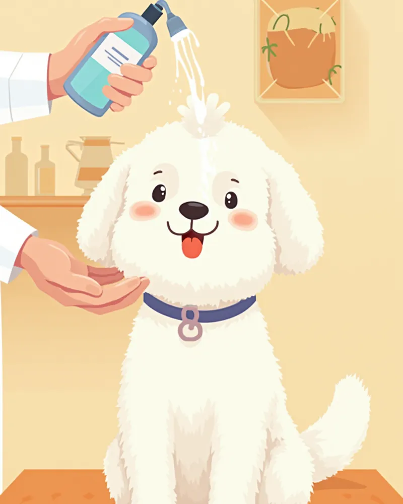 동물병원에서 약용 샴푸로 목욕하고 있는 하얀 강아지 모습