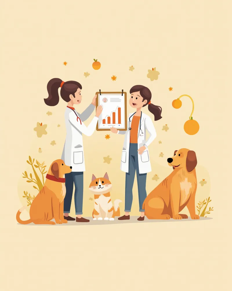 항산화제 연구 자료를 확인하는 수의사와 반려동물 일러스트