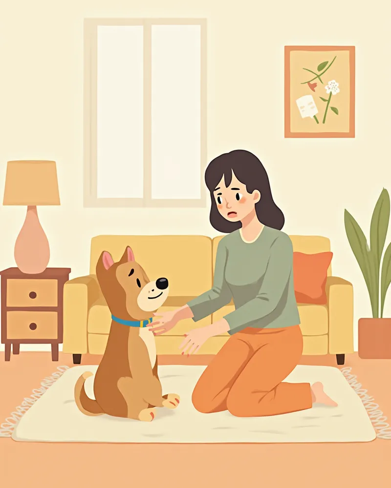 보호자가 집에서 강아지의 몸을 부드럽게 촉진하며 살피는 모습