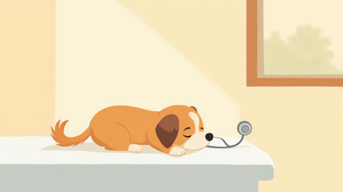 수의사가 청진기로 강아지의 심장 소리를 듣고 있는 장면